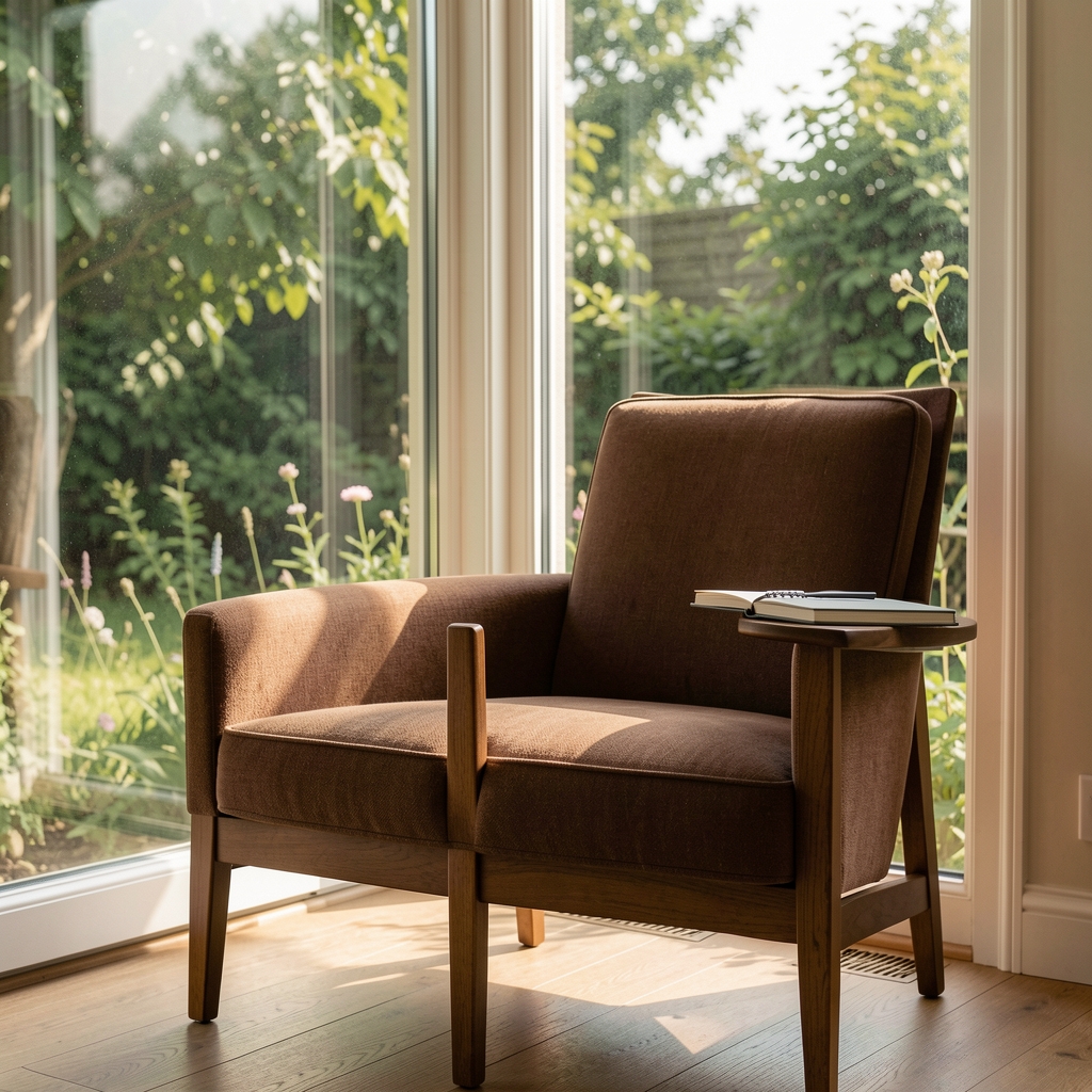 Sunlit editorial chair beside a tall window with a notebook resting on the arm and quiet greenery outside