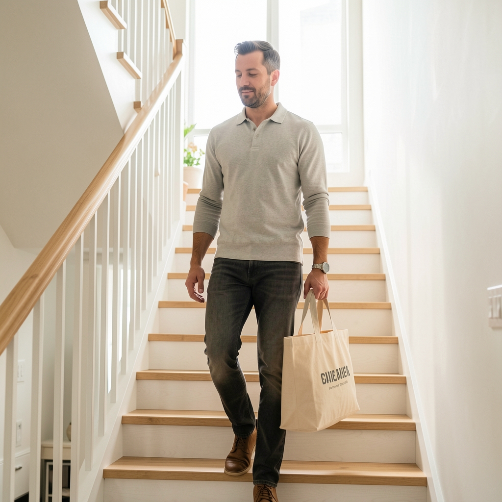 Adult man carrying a canvas grocery bag up a bright apartment staircase with relaxed posture