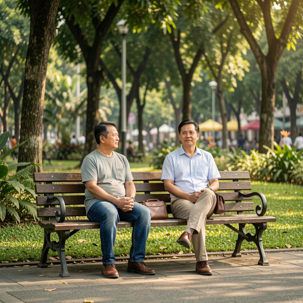 Two adults seated on a shaded park bench after a quiet walk in Jakarta
