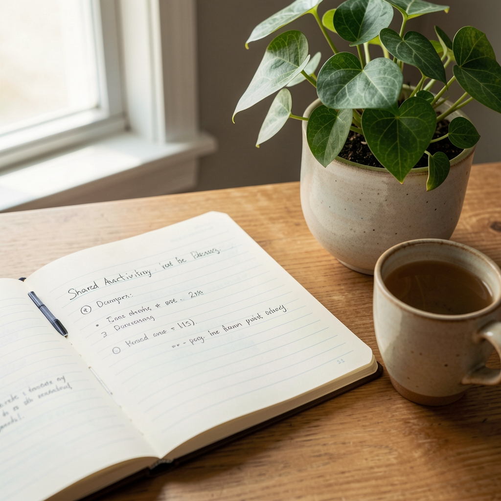 Open notebook with shared activity ideas beside a ceramic cup and leafy plant