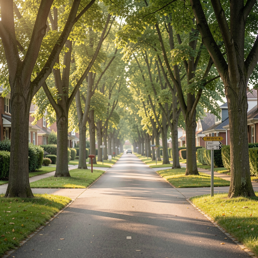 Tree-lined neighbourhood path with small directional markers and soft morning light