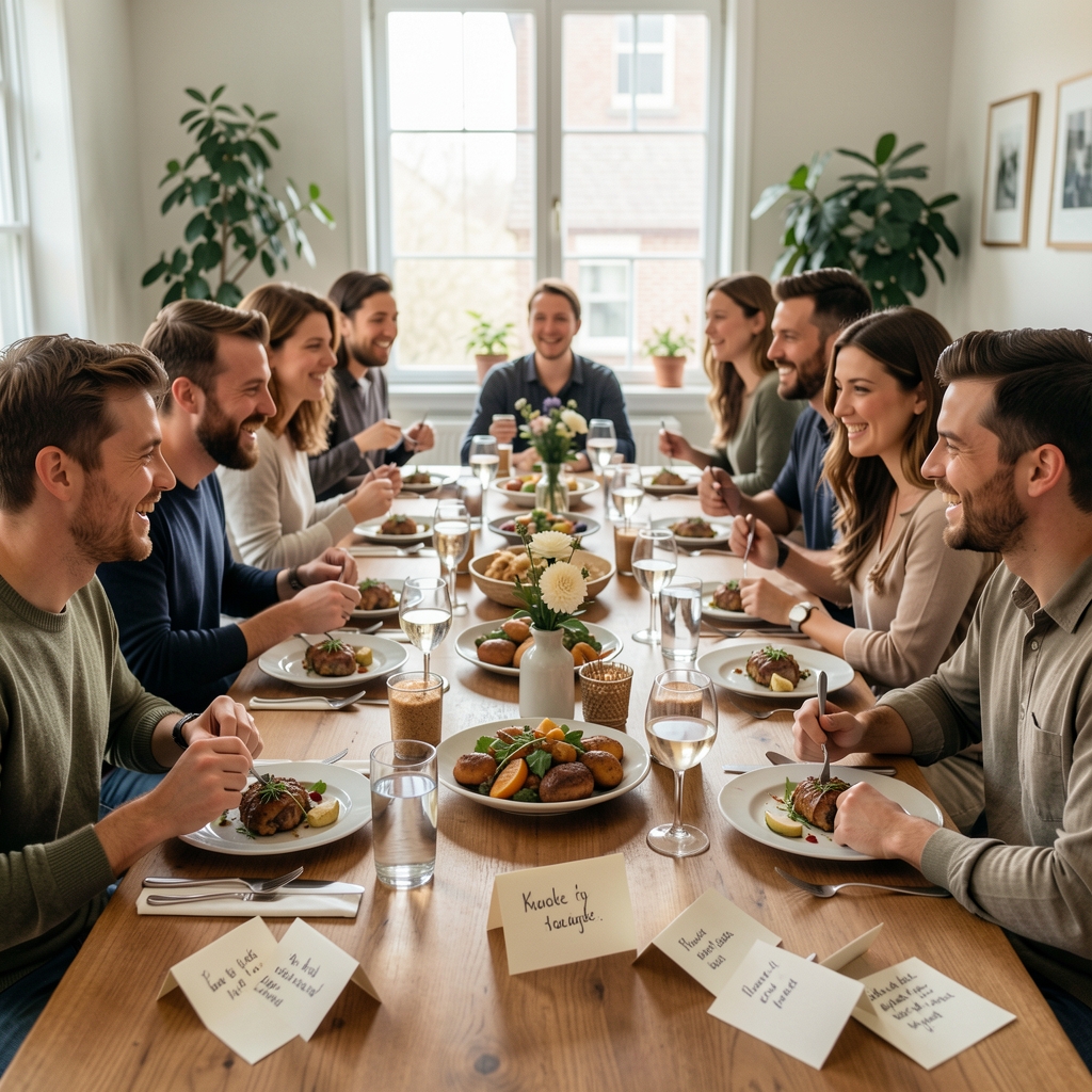 Friends gathered around a long table after a shared meal with handwritten conversation cards nearby
