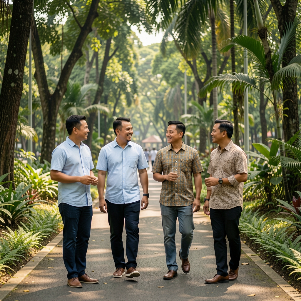 Adult men walking together through a leafy Jakarta park while talking in a relaxed and respectful group