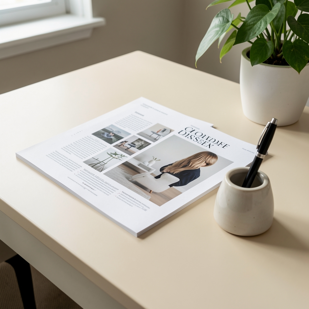 Editorial cover sheets and a ceramic pen rest arranged on a pale desk beside a leafy plant