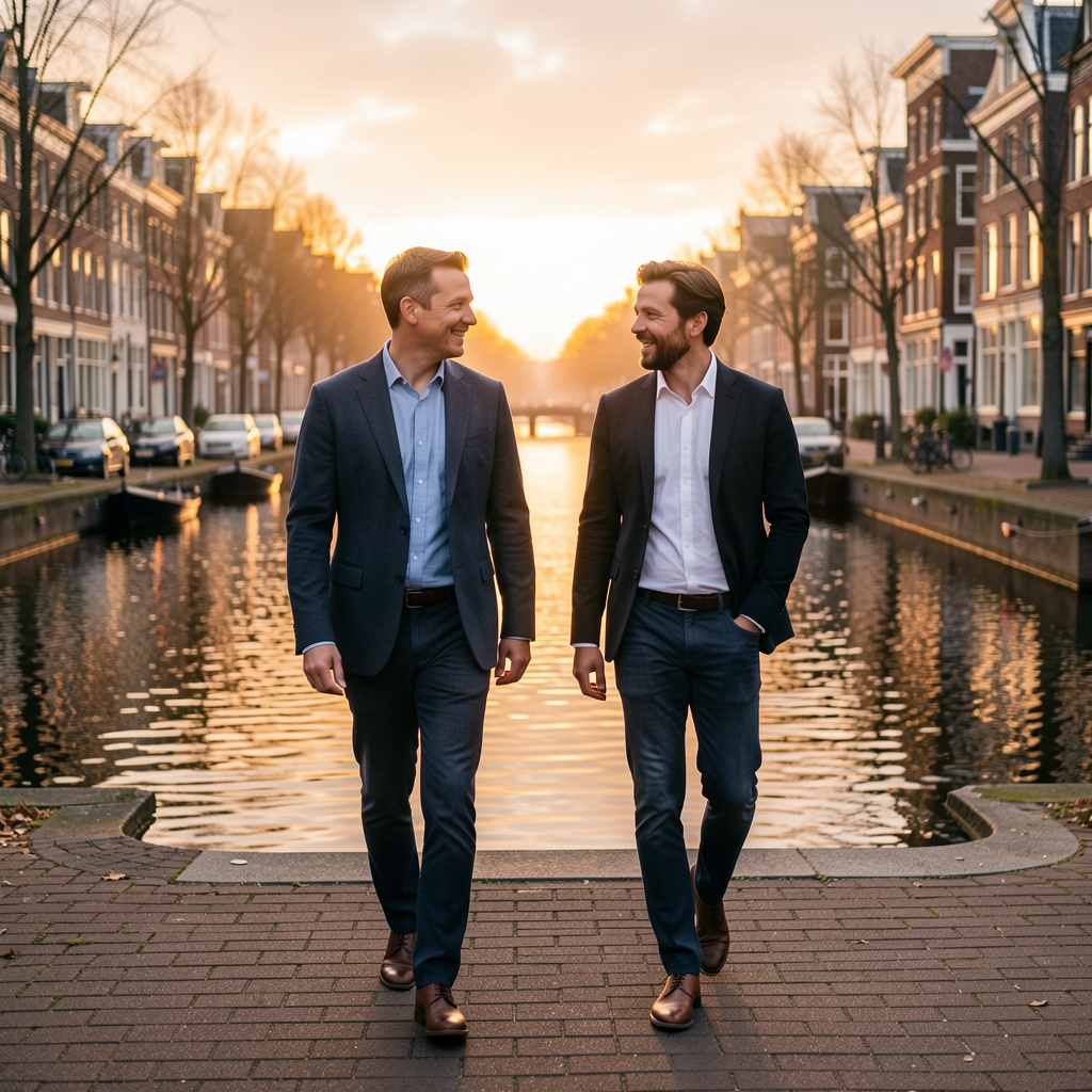 Two adult friends walking beside a quiet urban canal at sunset, speaking at an easy pace