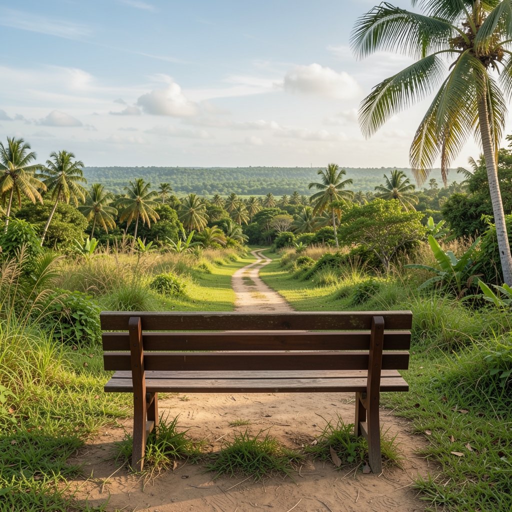Wooden bench facing a broad tropical horizon with a quiet path leading toward it