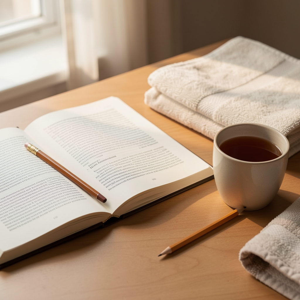 Open editorial notebook beside a cup of tea, pencil, folded training towel and soft afternoon light