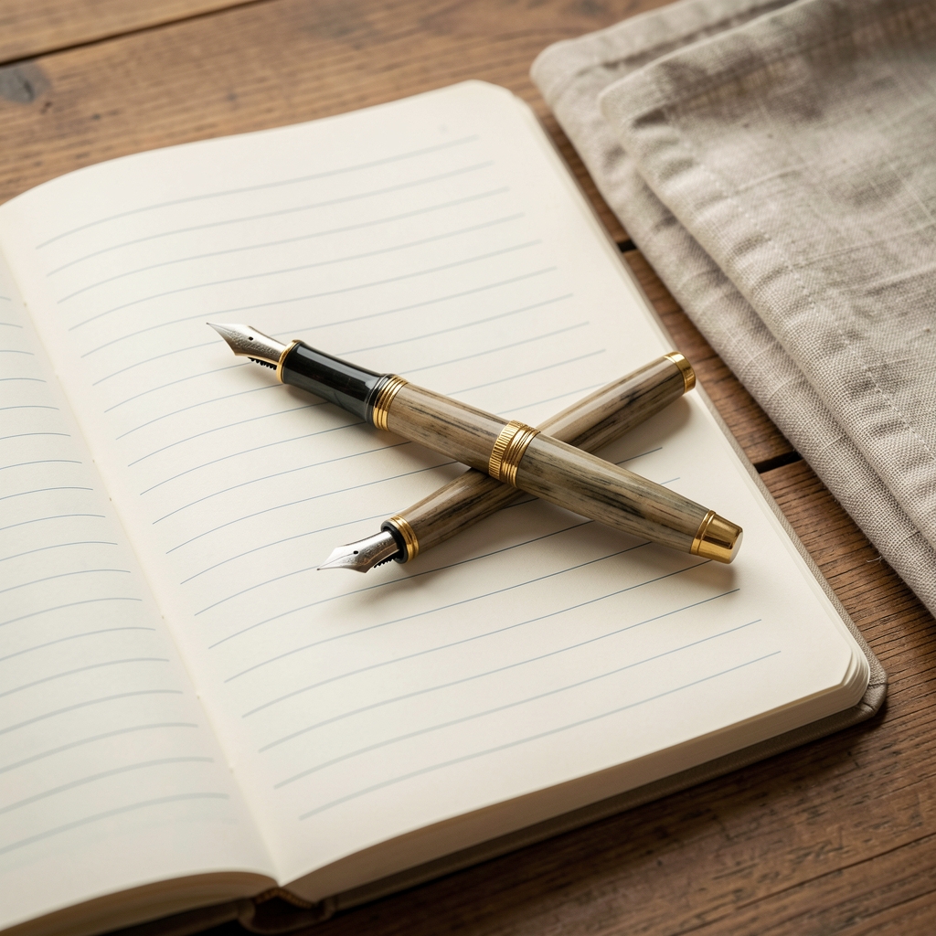 Fountain pen resting across a lined journal beside a folded linen cloth