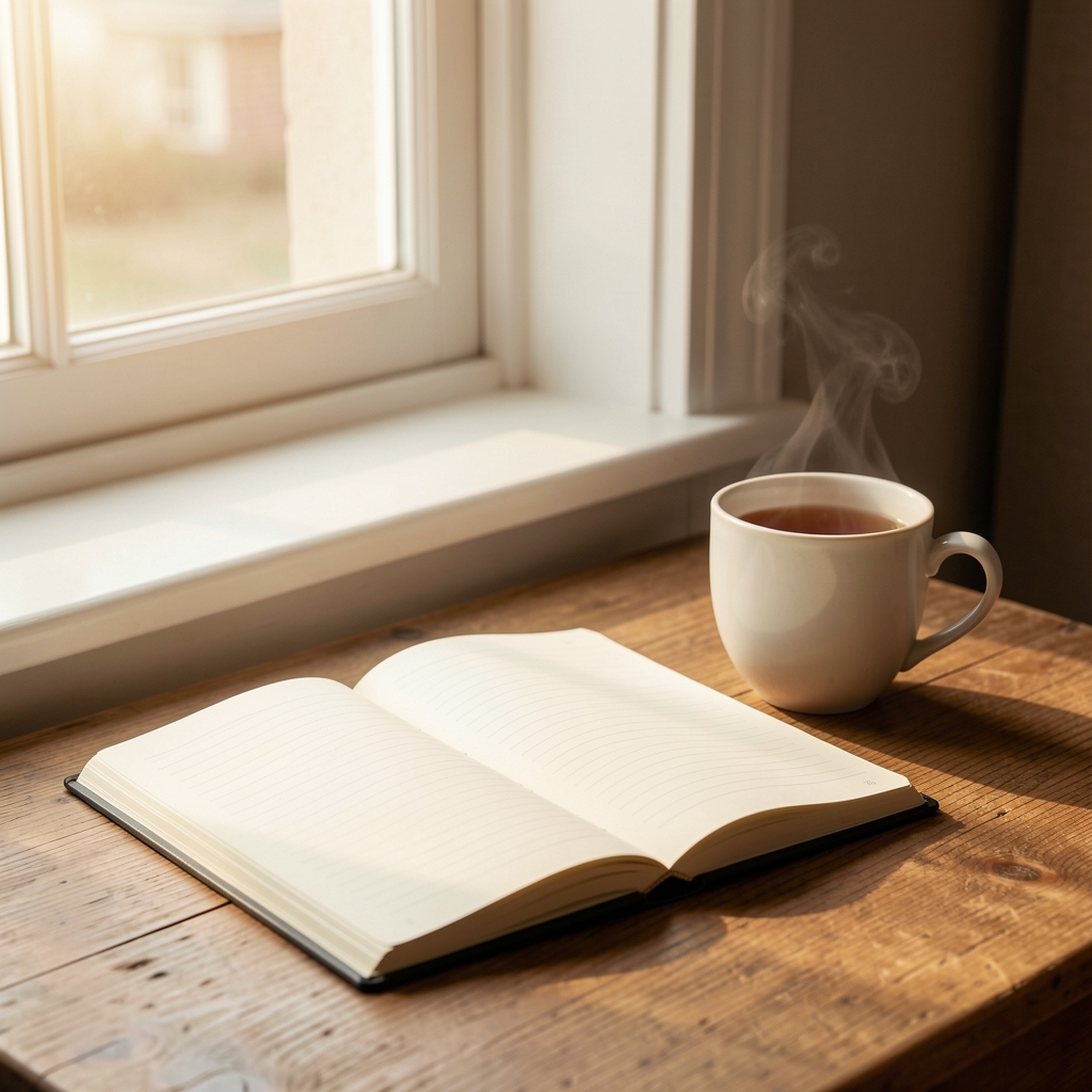 Open notebook and warm tea on a wooden table beside a softly lit window