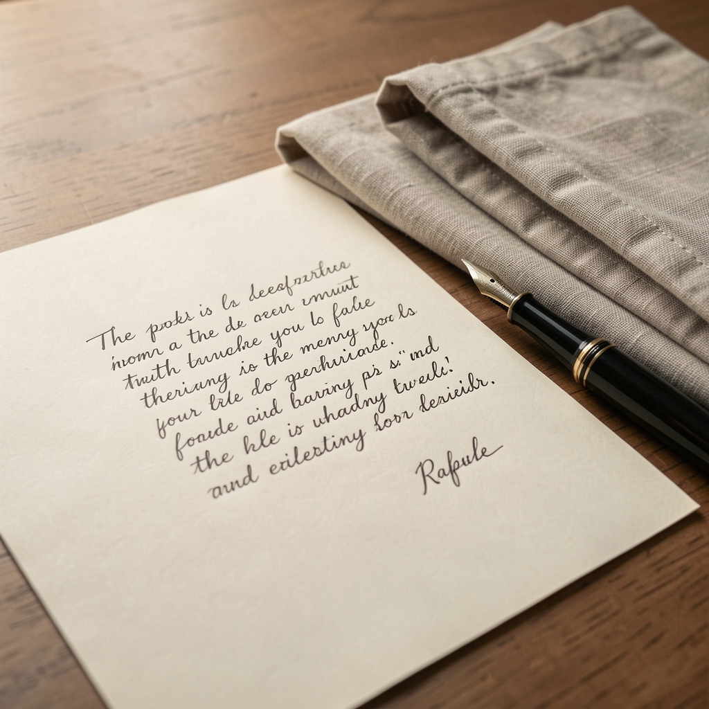 Close view of a handwritten editorial letter beside a fountain pen and folded linen on a calm workspace