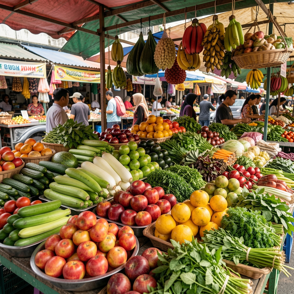 Fresh Indonesian vegetables, tropical fruit and herbs arranged at a bright traditional market stall in Jakarta