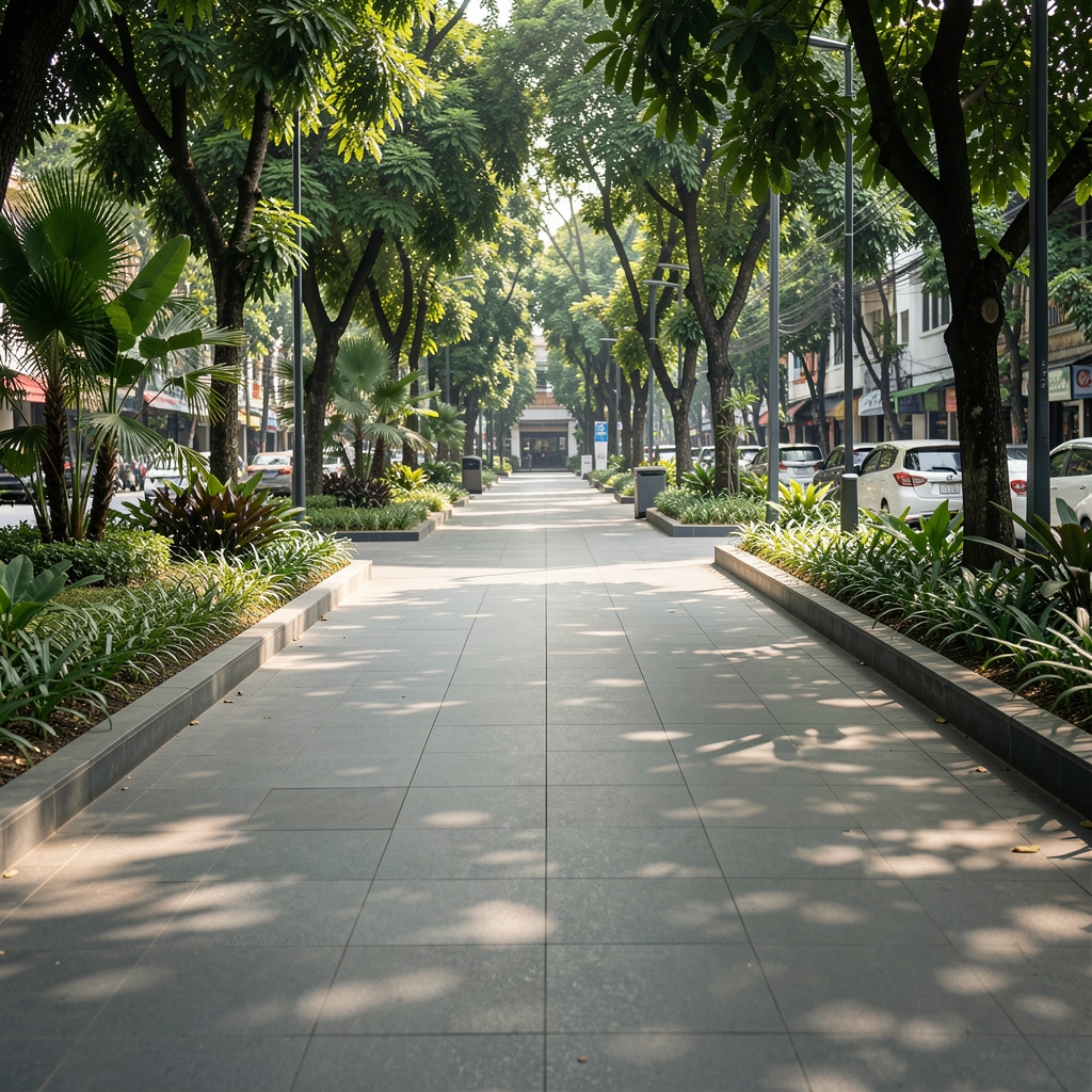 Wide shaded Jakarta walkway with smooth pavement and a low garden edge