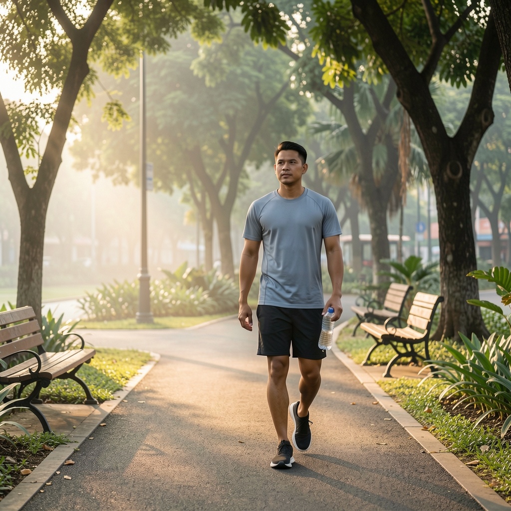 Adult man walking beside a quiet Jakarta park in early morning light, wearing simple training clothes and carrying a water bottle