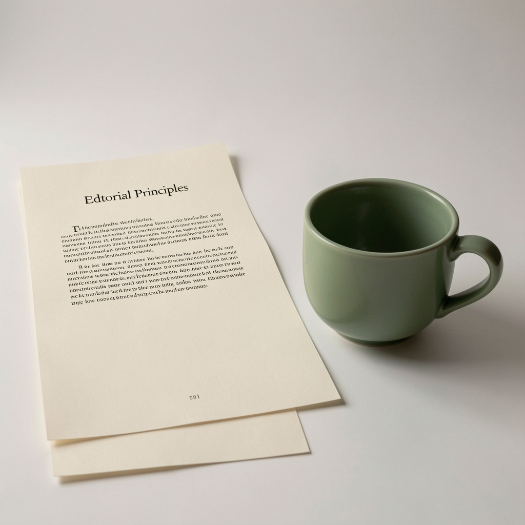 Editorial principles printed on cream paper beside a simple green ceramic cup