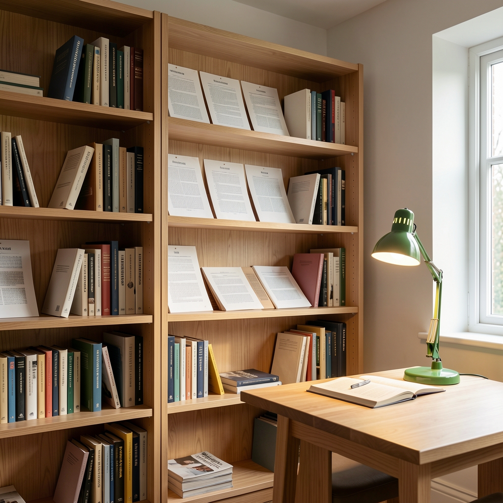 Quiet reading room with natural wood shelves, marked research papers and a green desk lamp