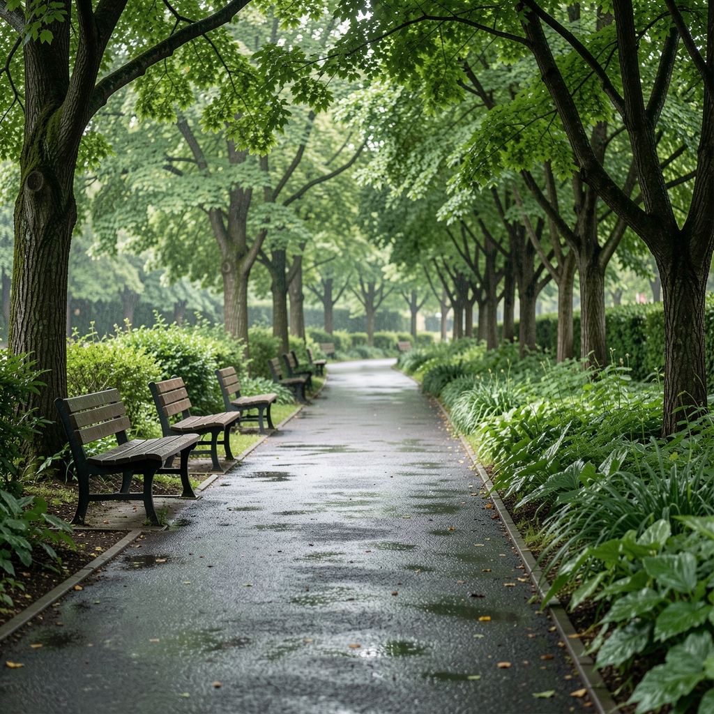 Quiet shaded footpath after rain with benches and green plants along the edge