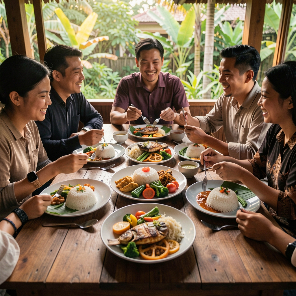 Friends sharing a colourful Indonesian meal around a wooden table with rice, vegetables and grilled fish