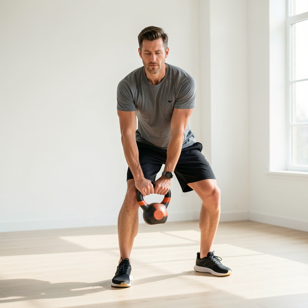 Adult man practicing a controlled kettlebell movement in a bright uncluttered studio