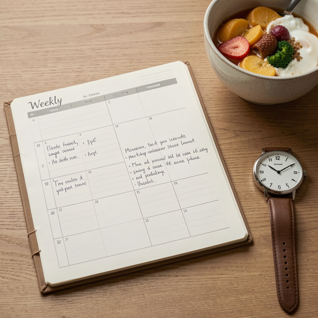 Weekly paper planner with handwritten movement notes beside a watch and breakfast bowl